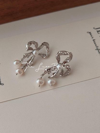 Charming Ribbon Pearl Earrings Sterling Silver S925 - The Luxe Belle