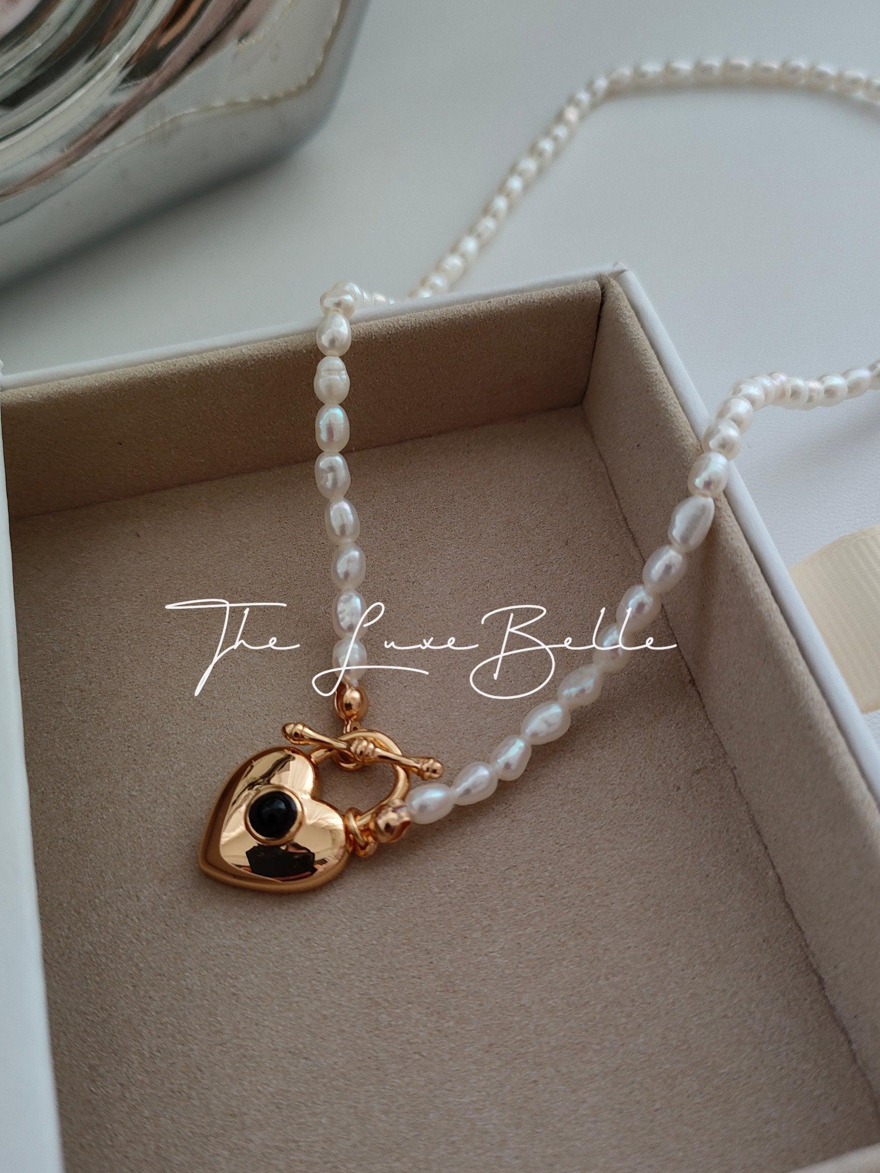 Heart Shaped Pendant with Pearls and Black Agate Necklace - The Luxe Belle