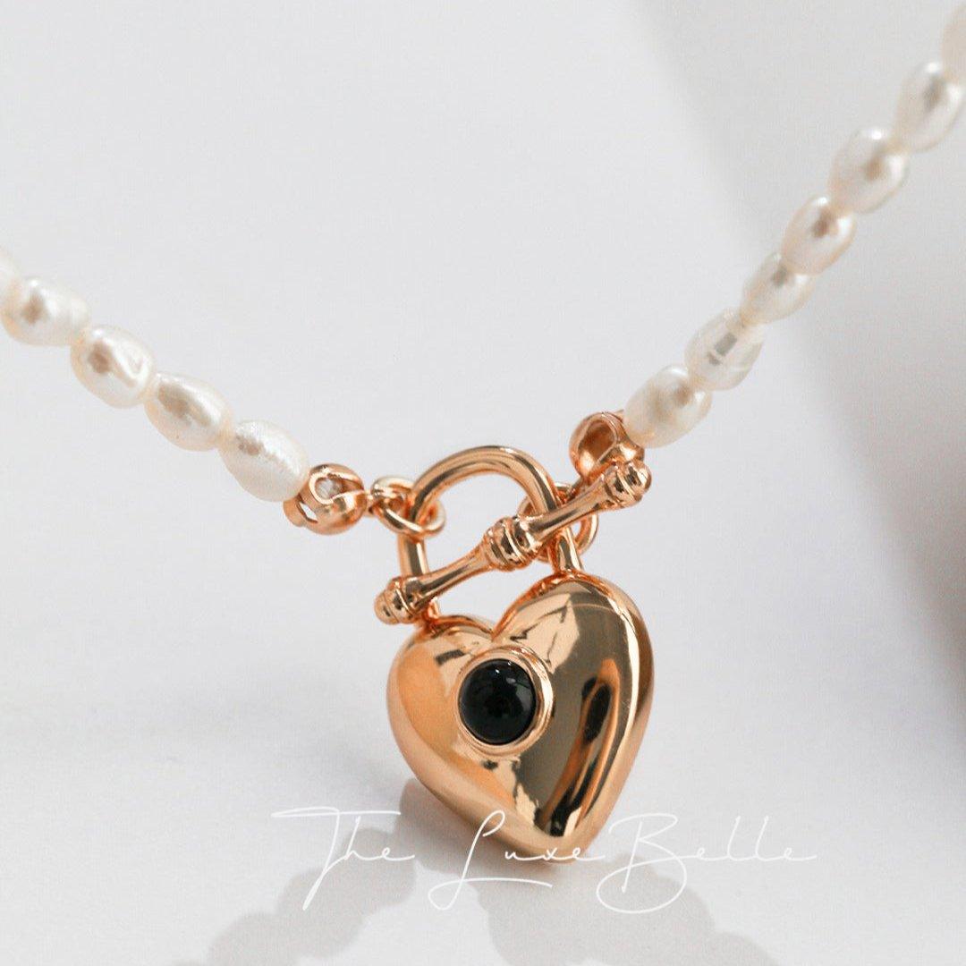 Heart Shaped Pendant with Pearls and Black Agate Necklace - The Luxe Belle