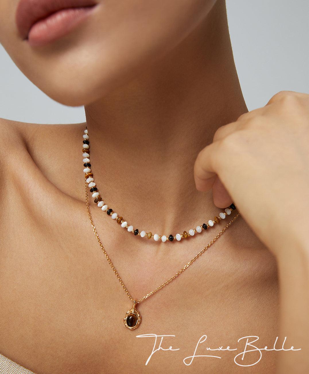 Pearl Tiger Eye Stone Black Agate Necklace - The Luxe Belle