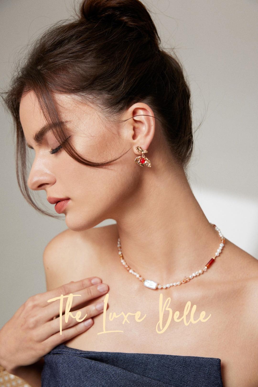 Strawberry Crystal and Pearl Necklace Sterling Silver S925 - The Luxe Belle