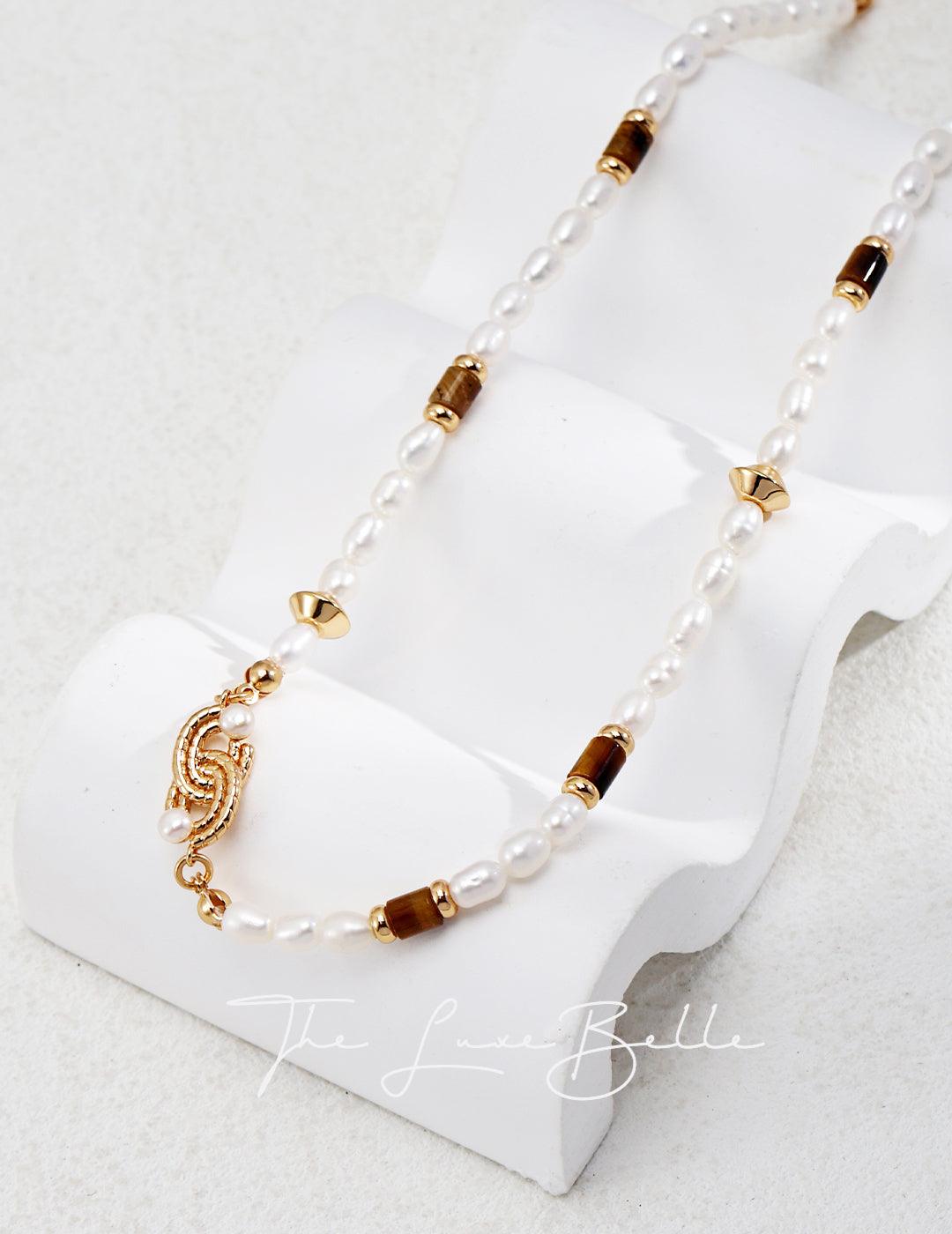 Pearl Tiger Eye Stone Vintage Necklace - The Luxe Belle