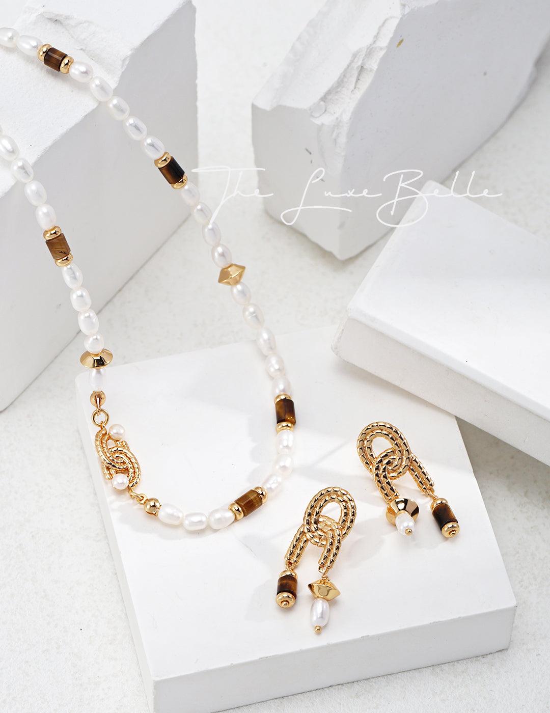 Pearl Tiger Eye Stone Vintage Necklace - The Luxe Belle