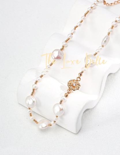 Blooming Flowers S925 Sterling Silver Natural Pearl Necklace with floral clasp - The Luxe Belle