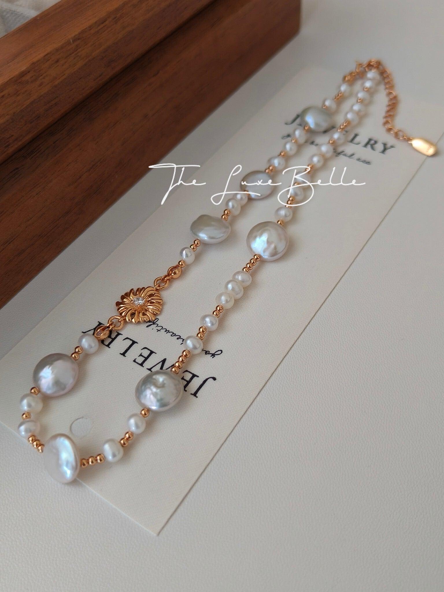 Blooming Flowers S925 Sterling Silver Natural Pearl Necklace with floral clasp - The Luxe Belle