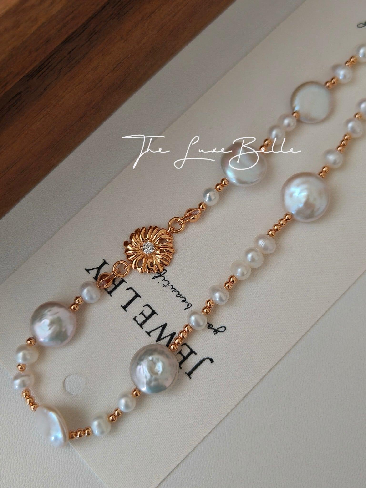 Blooming Flowers S925 Sterling Silver Natural Pearl Necklace with floral clasp - The Luxe Belle