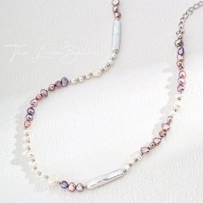 Purple Color with Silver Beads Pearl Necklace - The Luxe Belle