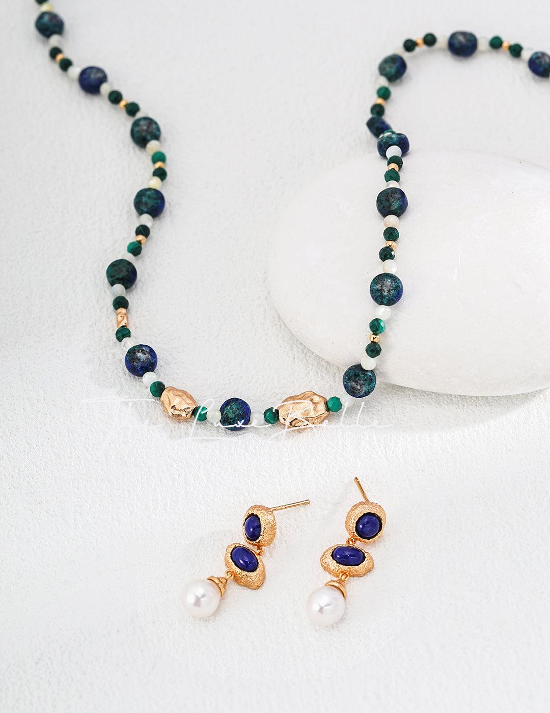 Vintage Natural Malachite, Lapis Lazuli, and Butterfly Shell Bead Necklace - The Luxe Belle