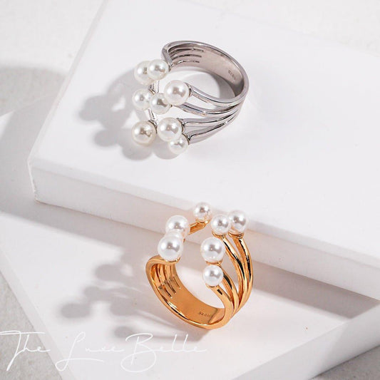 Elegant Pearl Adjustable Silver Ring - The Luxe Belle