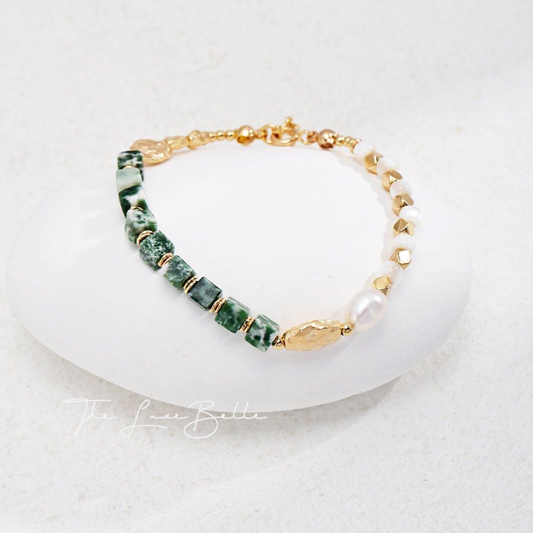 Jade Square Stones Pearl Bracelet - The Luxe Belle