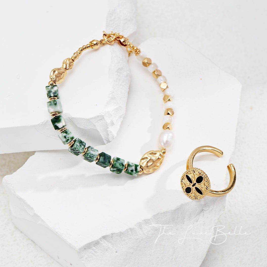 Jade Square Stones Pearl Bracelet - The Luxe Belle