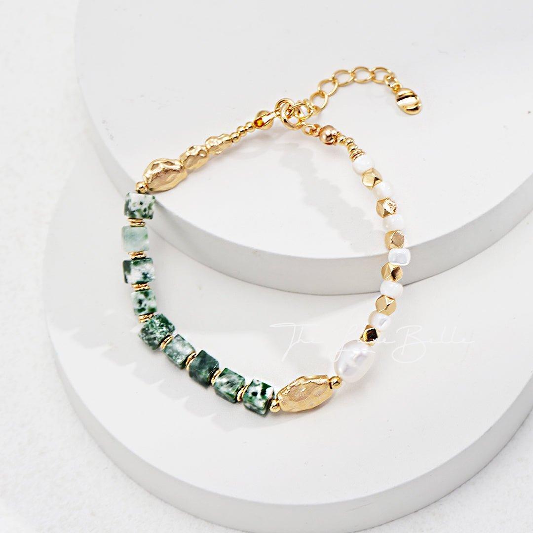 Jade Square Stones Pearl Bracelet - The Luxe Belle