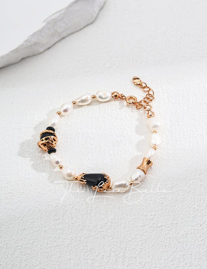 Elegant Black Agate and Pearl Bracelet Sterling Silver - The Luxe Belle