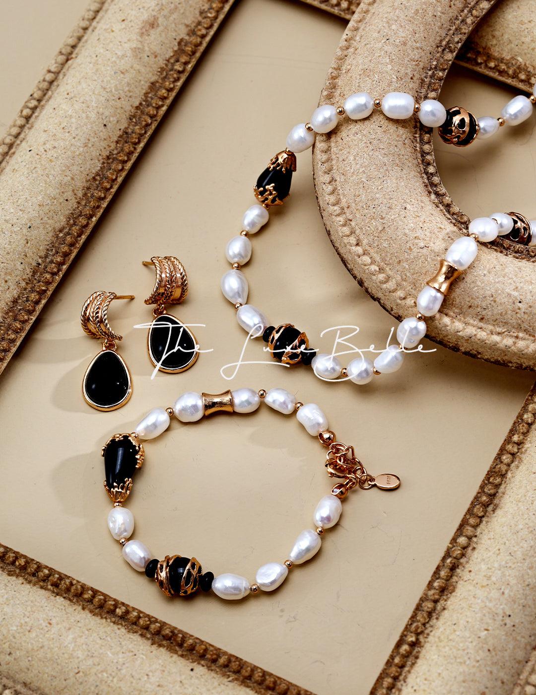 Elegant Black Agate and Pearl Bracelet Sterling Silver - The Luxe Belle