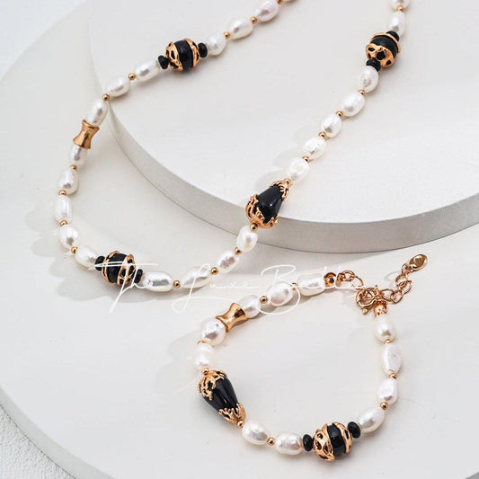 Elegant Black Agate and Pearl Necklace Sterling Silver - The Luxe Belle