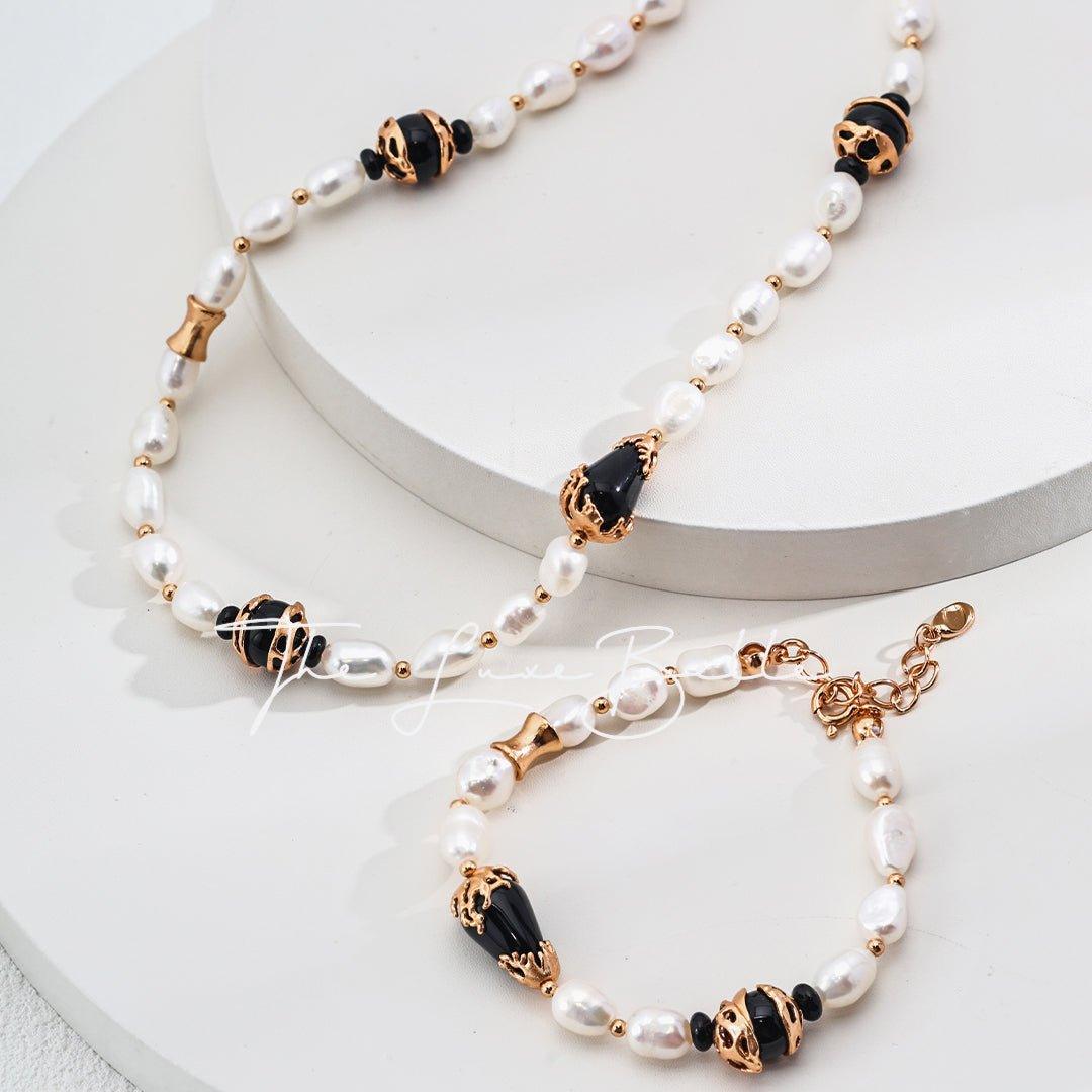 Elegant Black and White Agate Pearl Jewelry Set - The Luxe Belle