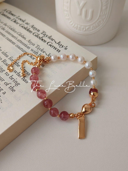 Strawberry Crystal Beads and Pearl Bracelet Sterling Silver S925 - The Luxe Belle