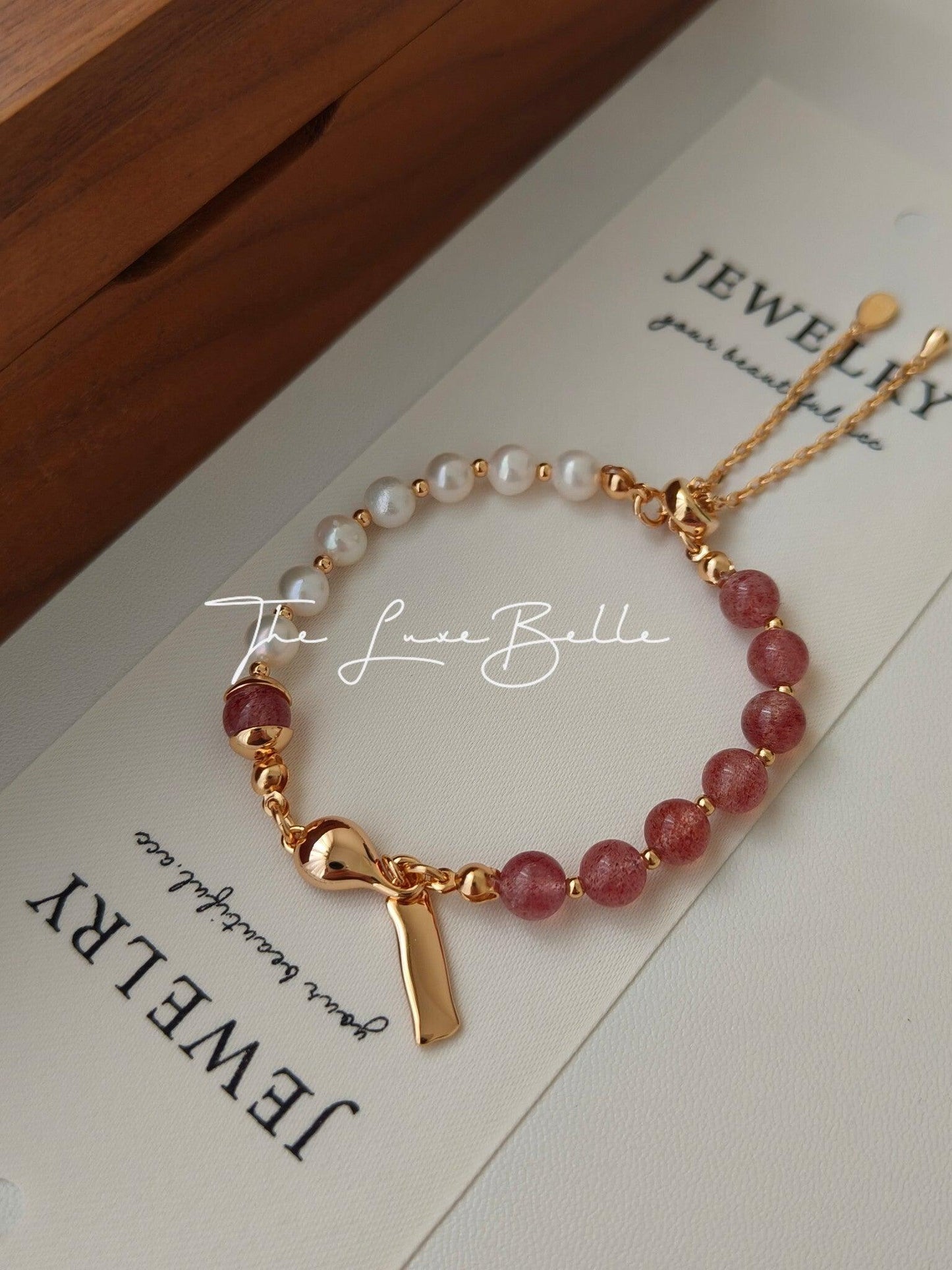 Strawberry Crystal Beads and Pearl Bracelet Sterling Silver S925 - The Luxe Belle